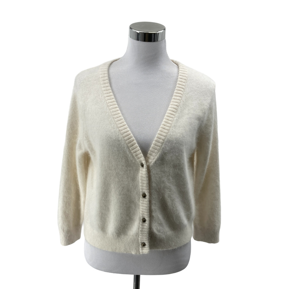 Lands' End Canvas Cream Angora Rabbit Hair Ultra Soft V-Neck Cardigan Small